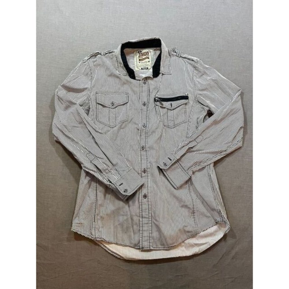 JNGO Shirt Adult Medium White Black Striped Long Sleeve Button Up Casual‎ Mens.